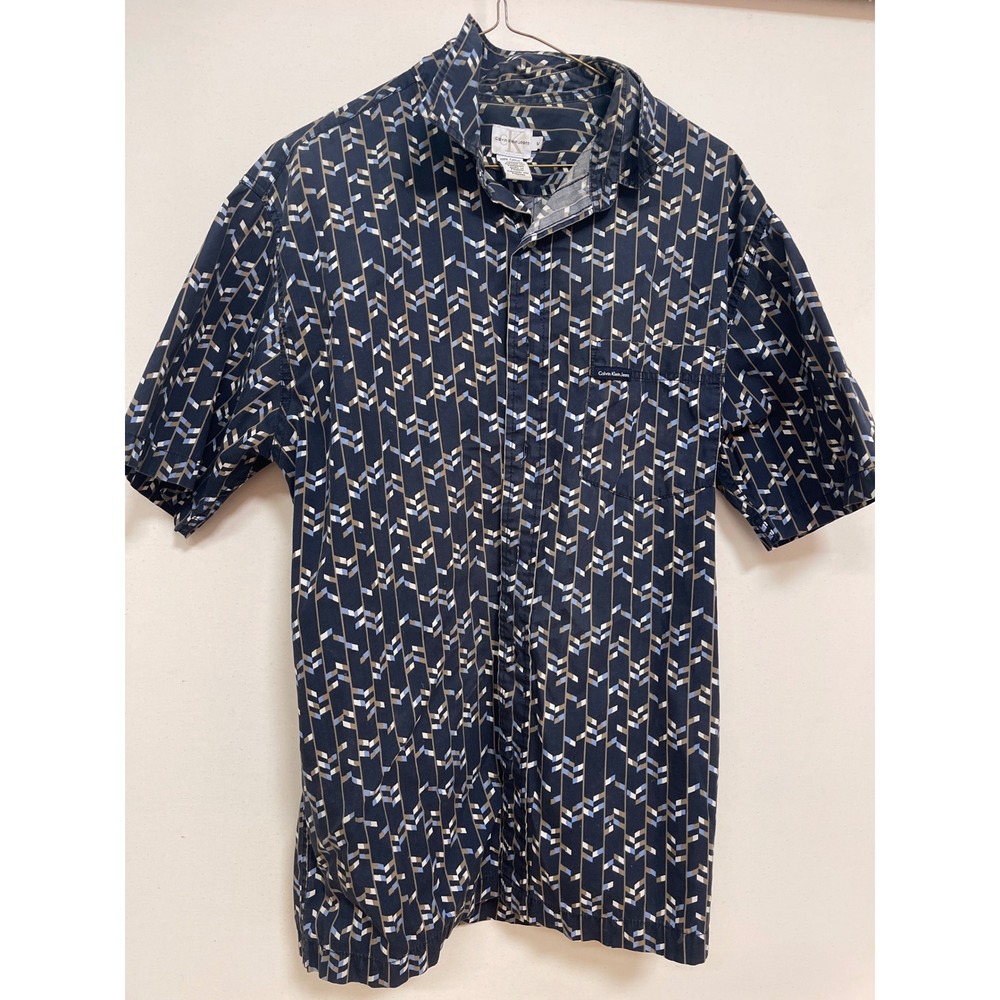 Calvin Klein Jeans Mens Medium Blue Geometric Chevron Stripe Short Sleeve Shirt